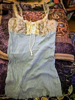 Free People Blue and Cream Lace-Trim Ribbed Tank M
